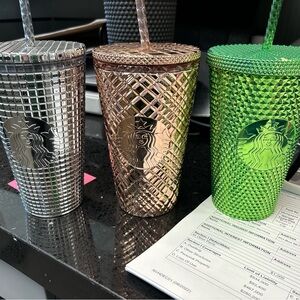 Starbucks metallic 16 ounce tumblers. Silver, rose gold and green. $20 each